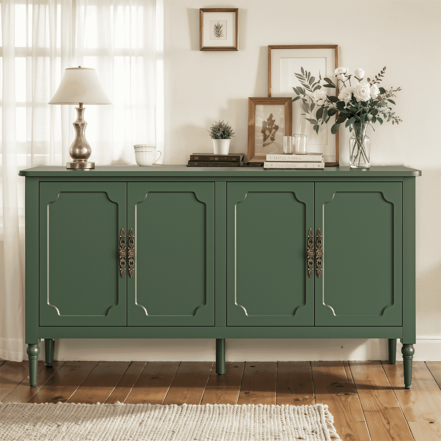 Heynemo Console Cabinet, 58'' Mid Century Modern Buffet Sideboard, with 4 Doors, for Entryway, Living Room, Bedroom, Dining Room (Green)