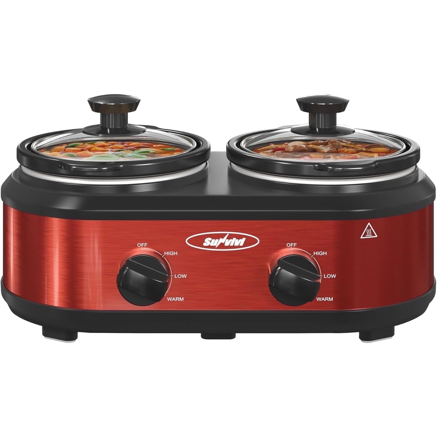 Superjoe Double Slow Cooker,2 Pot Small Mini Crock Buffet Servers and Warmer,Dual Pot Oval Manual Slow Cooker with Adjustable Temp Removable Ceramic Pot,Stainless Steel, Total 2.5 Quarts Red