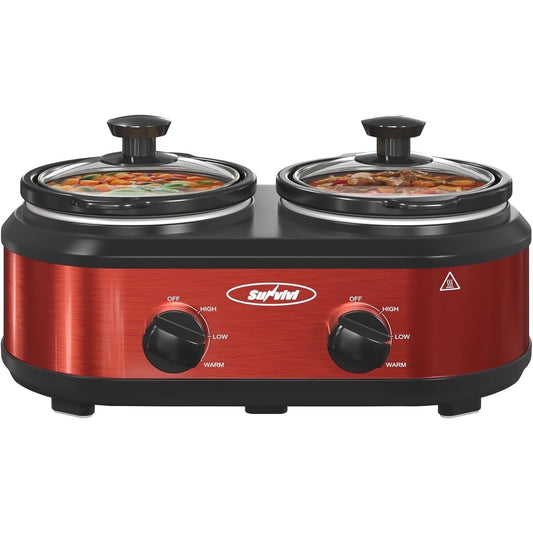 Superjoe Double Slow Cooker,2 Pot Small Mini Crock Buffet Servers and Warmer,Dual Pot Oval Manual Slow Cooker with Adjustable Temp Removable Ceramic Pot,Stainless Steel, Total 2.5 Quarts Red