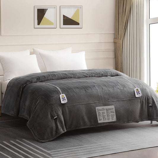 Superjoe Electric Blanket King Size 100" x 90" Heated Blanket, Dual Controllers 10 Heat Settings Auto-off Timer, Grey