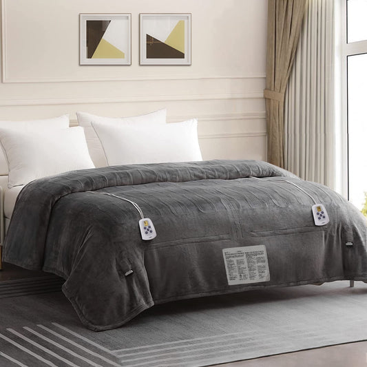 Heynemo Electric Blanket King Size 100" x 90" Heated Blanket, Dual Controllers 10 Heat Settings Auto-off Timer, Grey