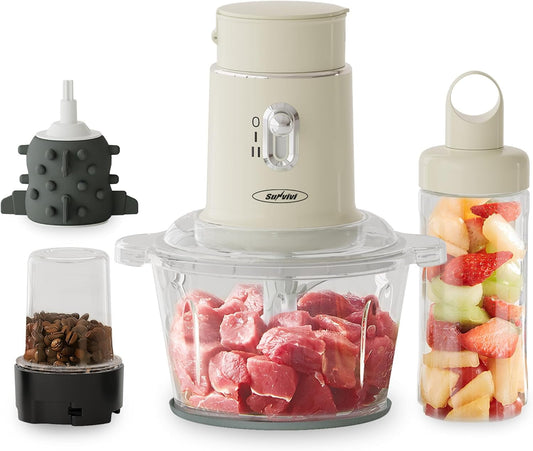 Superjoe Electric Food Chopper, Electric 4 in 1 Food Grinder for Grinding Meat, Peeling Garlic & Juicing, 2 Speed Blender and Food Processor Combo with 1.5L Glass Bowl & 2 Cups (0.4L+0.2L), 250W Beige