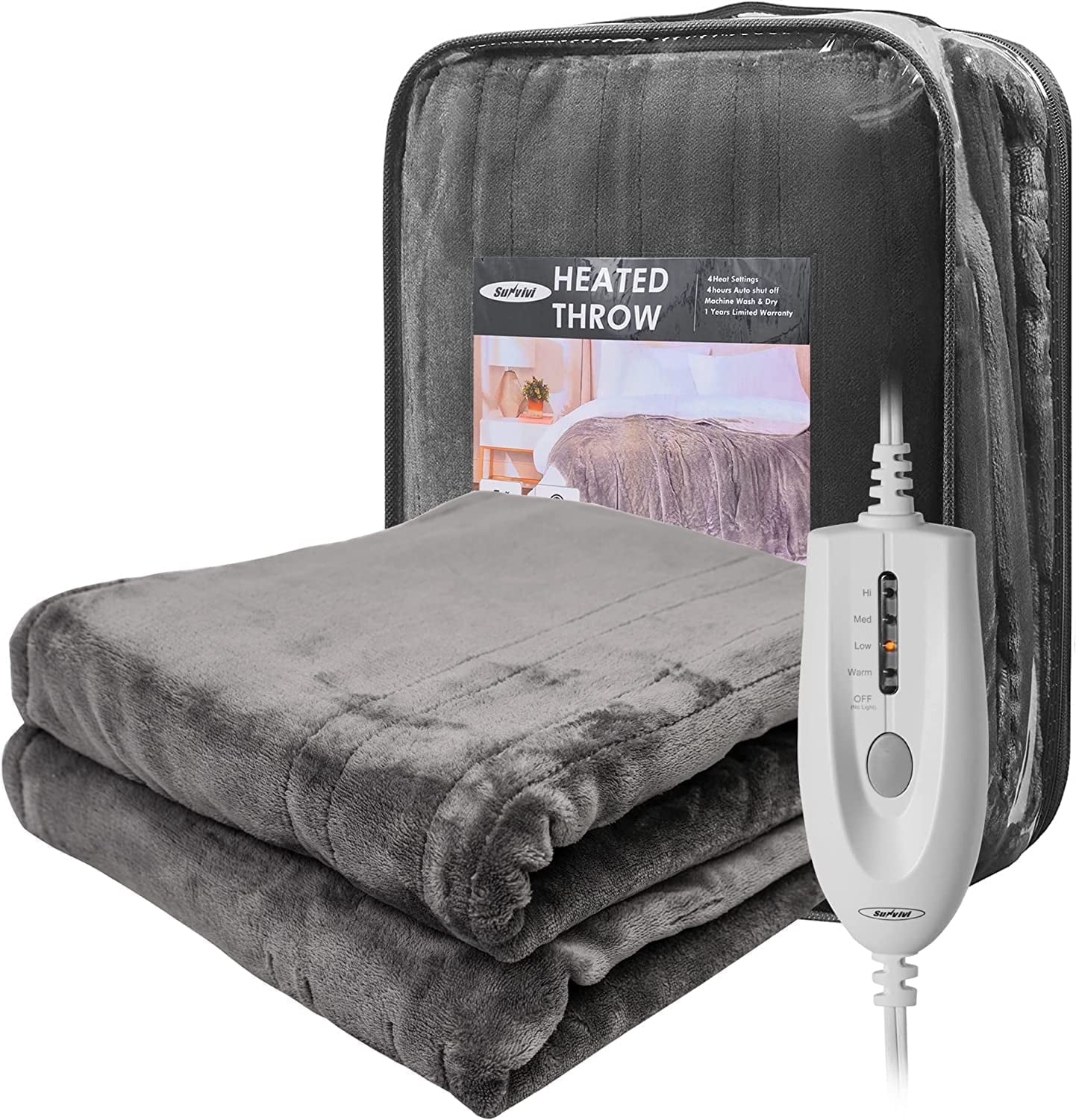 Heynemo Electric Heated Blanket 60" x 50" Double-Layer Flannel 4 Heat Settings and Auto-off, Grey