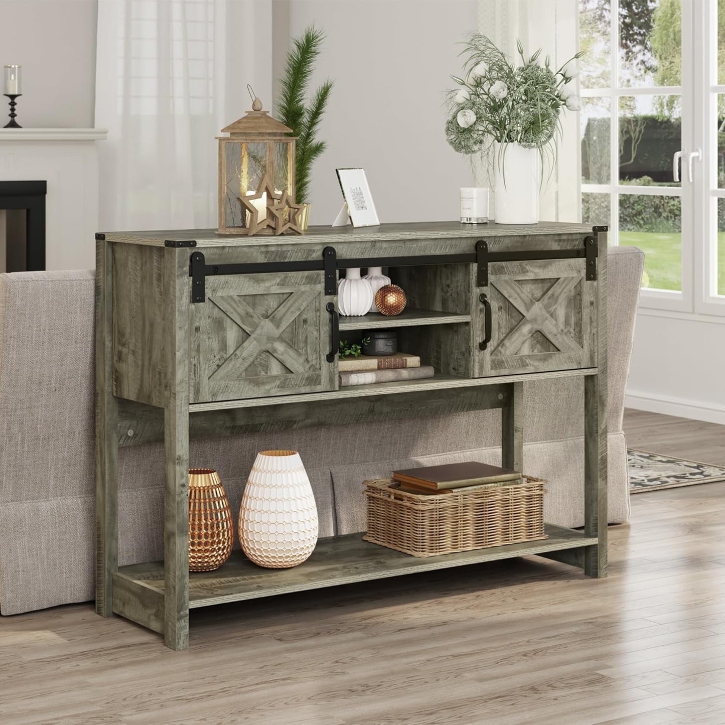 Superjoe Farmhouse Console Table w/Storage & Sliding Barn Door for Entryway, 46" Wood Foyer Table w/Adjustable Shelf, Coffee Bar Sideboard for Hallway, Living Room, Dark Gray