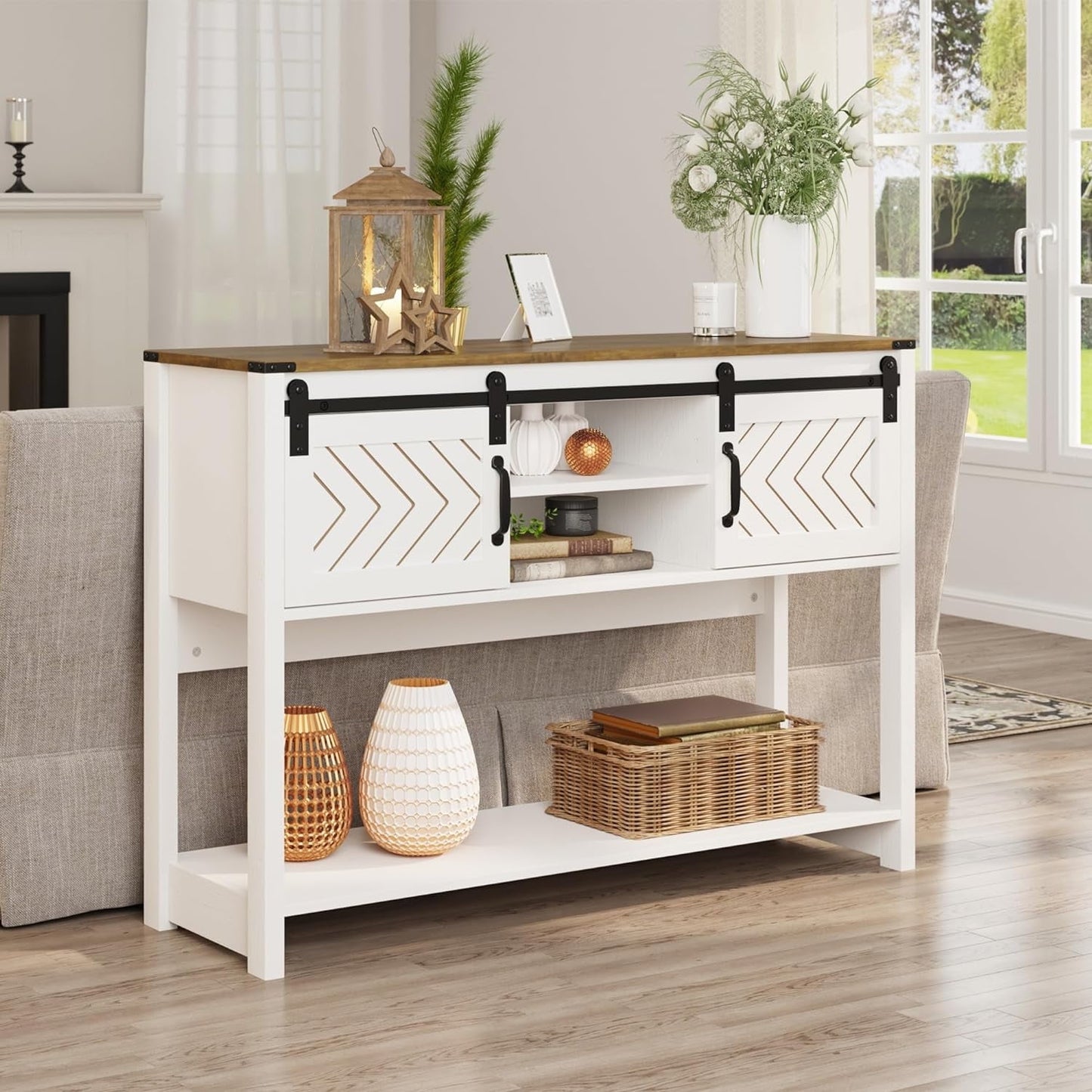 Superjoe Farmhouse Console Table w/Storage & Sliding Barn Door for Entryway, 46" Wood Foyer Table w/Adjustable Shelf, Coffee Bar Sideboard for Hallway, Living Room, Dark Gray