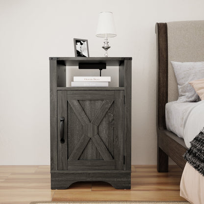 Superjoe Farmhouse Nightstand w/Charging Station, Wooden Rustic Tall Bedside Table, End Table w/Storage Shelf & Shelf for Bedroom, Living Room, Dark Gray