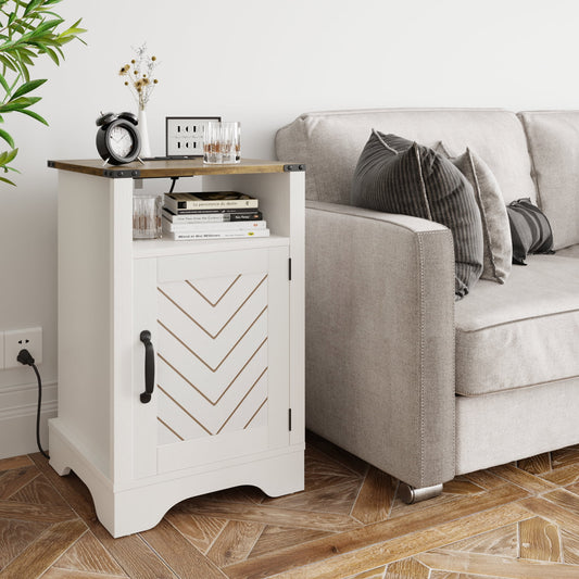 Superjoe Farmhouse Nightstand w/Charging Station, Wooden Rustic Tall Bedside Table, End Table w/Storage Shelf & Shelf for Bedroom, Living Room, Wood-Tone White