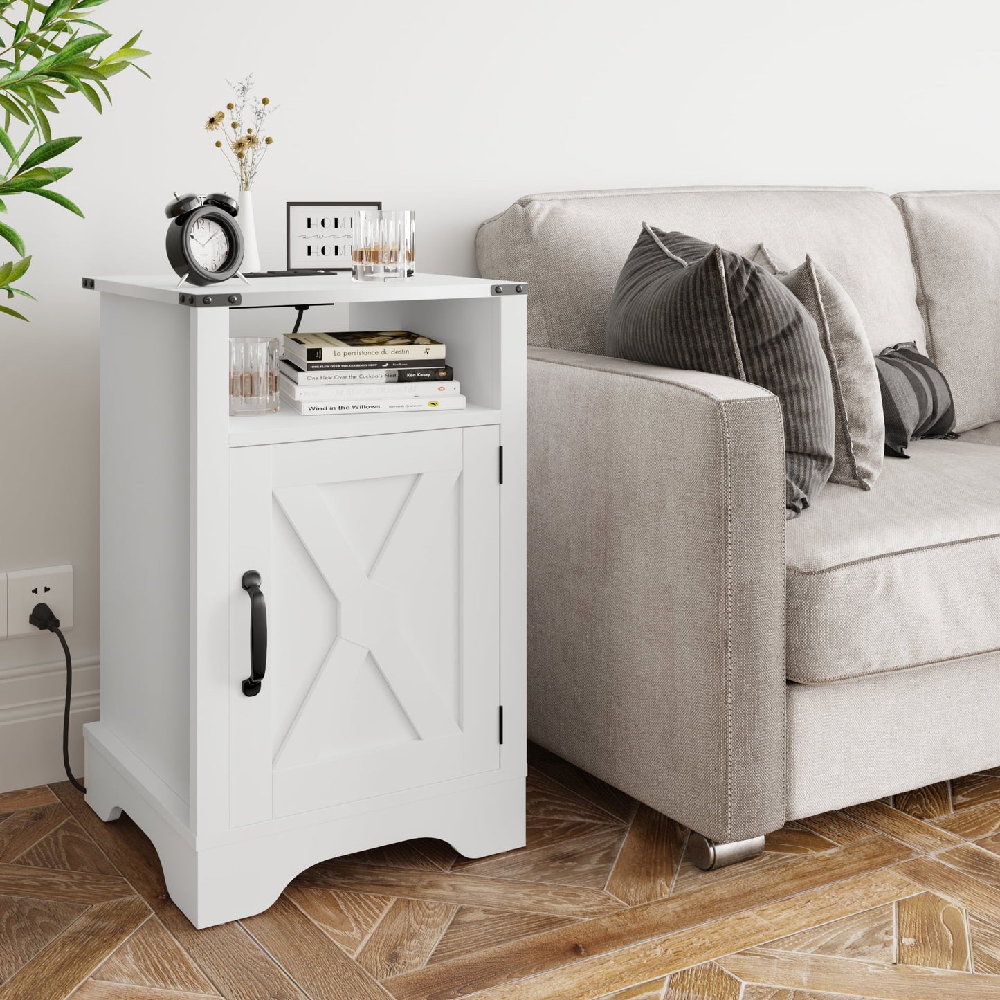 Superjoe Farmhouse Nightstand w/Charging Station, Wooden Rustic Tall Bedside Table, End Table w/Storage Shelf & Shelf for Bedroom, Living Room, White