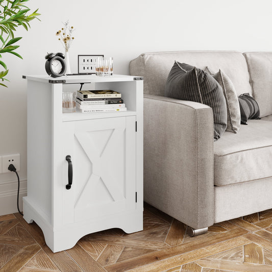 Superjoe Farmhouse Nightstand w/Charging Station, Wooden Rustic Tall Bedside Table, End Table w/Storage Shelf & Shelf for Bedroom, Living Room, White