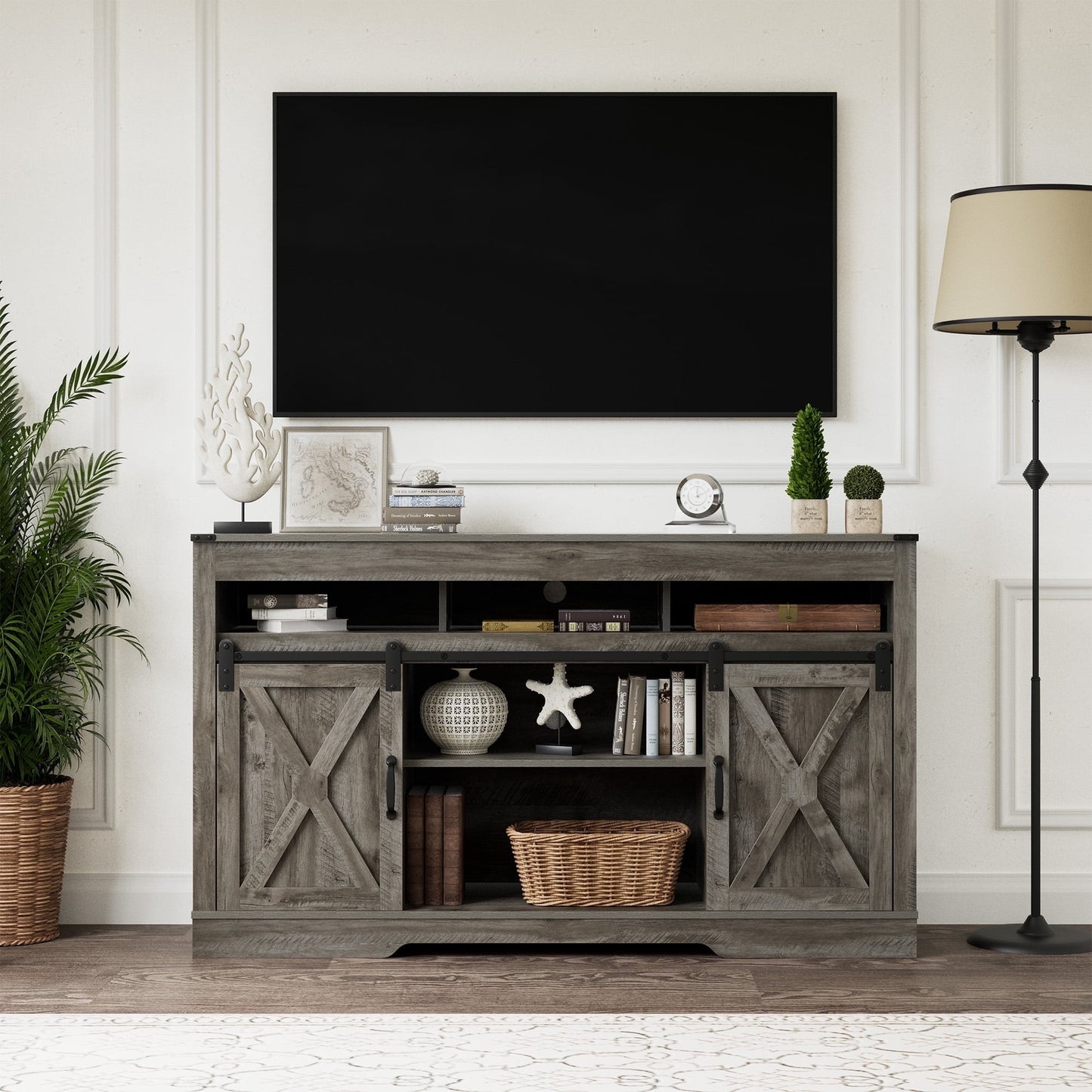 Heynemo Farmhouse TV Stand for TVs up to 70", Modern Entertainment Center with Sliding Barn Doors, Media Console Storage Cabinet for Living Room Bedroom, Light Grey