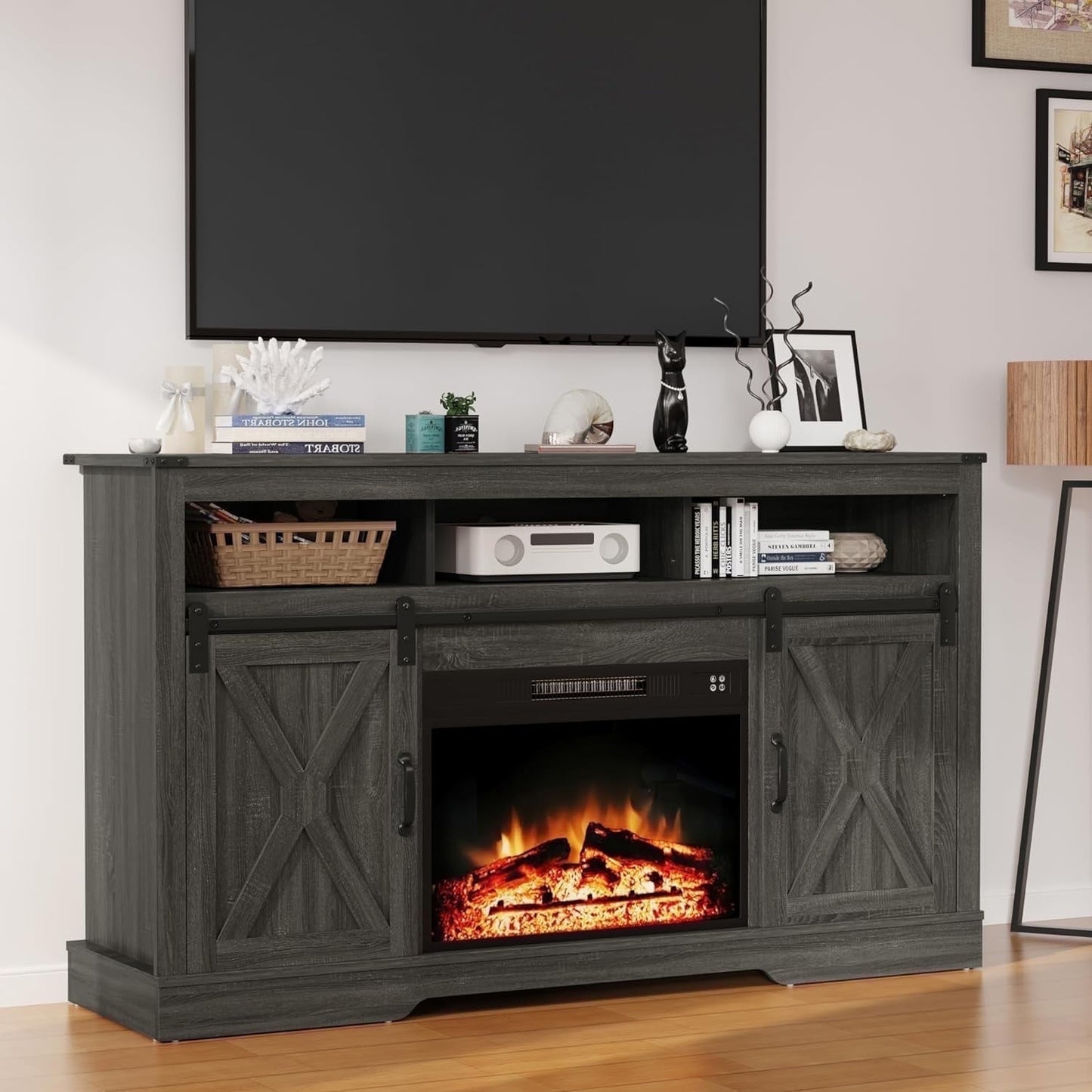 Heynemo Fireplace TV Stand for TVs up to 65", Farmhouse TV Console with Electric Fireplace, Modern Sliding Barn Door Entertainment Center for Living Room, Dark Gray