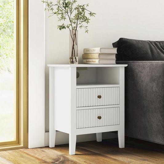 Superjoe Fluted Nightstand with Charging Station, White End Table with Silent Slide Drawers, Modern Side Table, Wood Night Stand Cabinet for Living Room, Bedroom