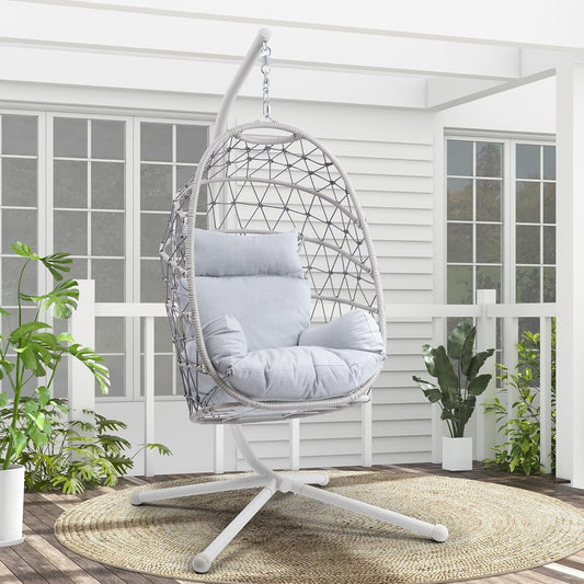 Superjoe Hanging Egg Chair with Stand, Outdoor Patio Wicker Hanging Egg Chair, Egg Swing Chair with Stand 350lbs Capacity for Garden, Balcony, Bedroom, Beige & Gray