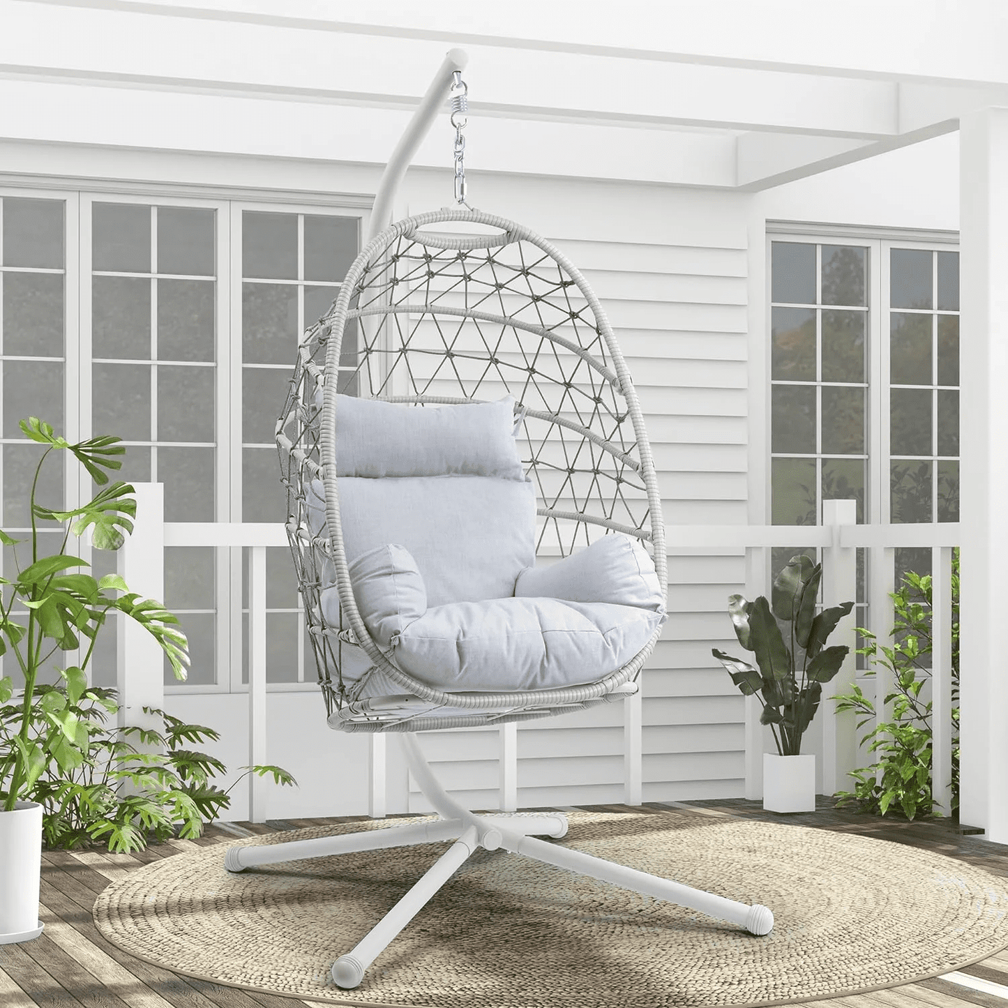 Heynemo Hanging Egg Chair with Stand, Outdoor Patio Wicker Hanging Egg Chair, Egg Swing Chair with Stand 350lbs Capacity for Garden, Balcony, Bedroom, Beige & Gray