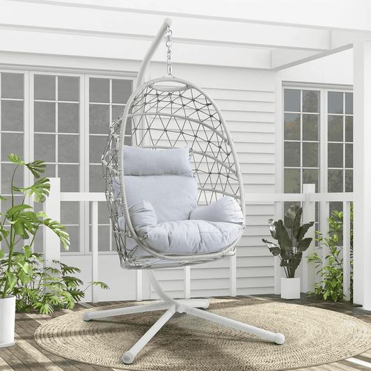 Heynemo Hanging Egg Chair with Stand, Outdoor Patio Wicker Hanging Egg Chair, Egg Swing Chair with Stand 350lbs Capacity for Garden, Balcony, Bedroom, Beige & Gray