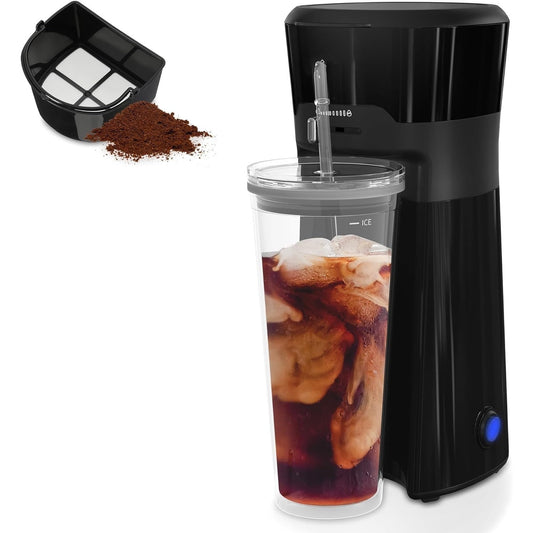 Superjoe Iced Coffee and Tea Maker with Reusable Coffee Filter and Portable 20oz Double Insulated Cups, Single Serve Machine for Home, Strength Control for Flavor, Black