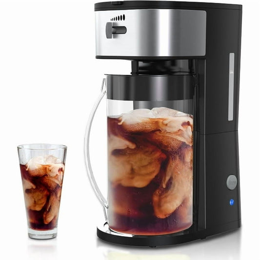 Superjoe Iced Coffee and Tea Maker with Reusable Filter Basket, 2.5QT Pitcher, Iced Tea Coffee Machine , Lemonade and Flavored Water, Adjustable Brew Strength, Black and Silver