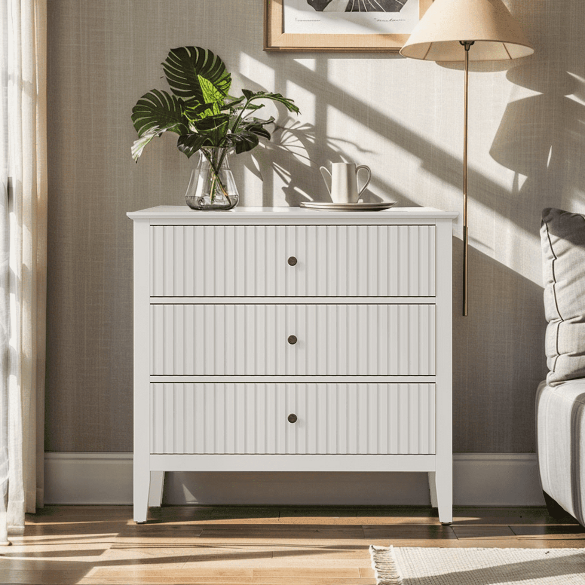 Heynemo Large White 3 Drawer Dresser, Painted 30 Inch Tall Wood Nightstand  with Storage, Wide Modern Chest of Drawers with Ball Bearing Slide for 