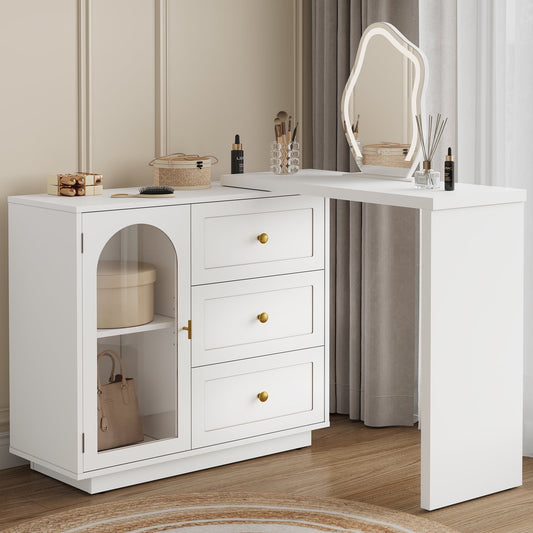 Heynemo Makeup Vanity Desk, Extendable Corner Vanity Makeup Table with 3 Drawers & 1 Door, Modern Dressing Table for Bedroom, Vanities for Women/Girls Bedroom (without Mirror)