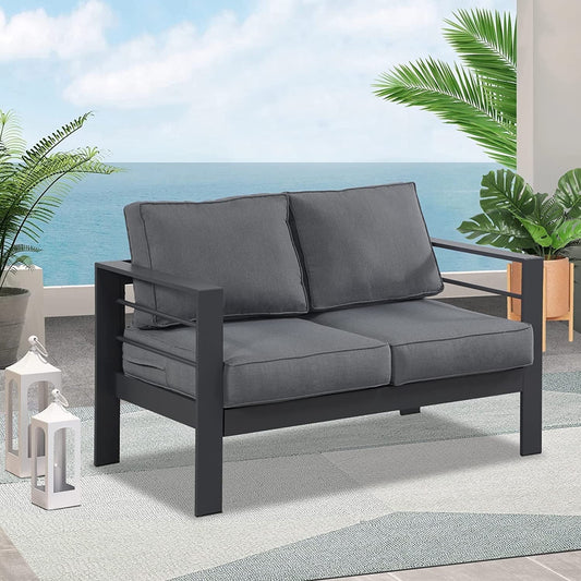 Superjoe Outdoor 2 Seats Patio Aluminum Sofa Furniture, All-Weather Couch Loveseat Gray Metal Chair with Cushions, Dark Grey