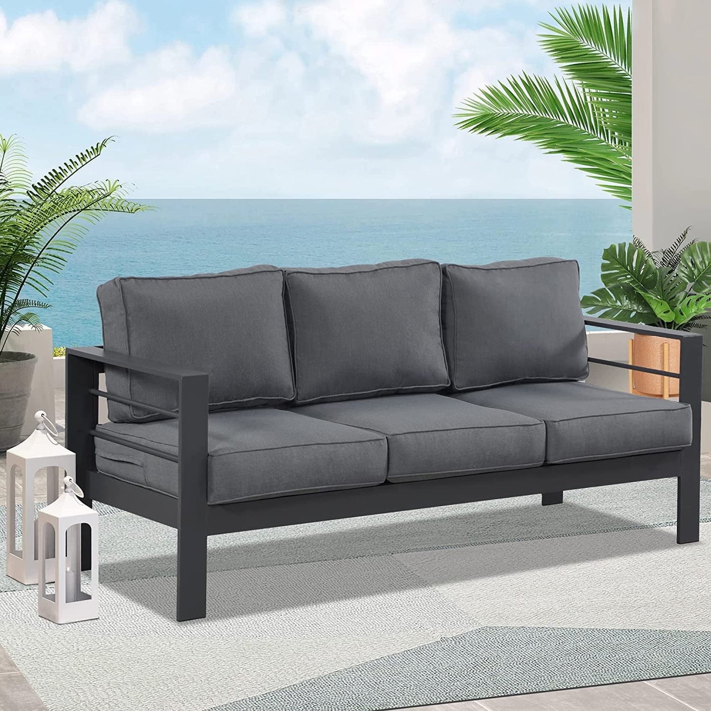 Heynemo 3 Seats Patio Aluminum Sofa Furniture, Metal Outdoor Couch with Cushions, Dark Grey