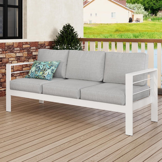 Superjoe Outdoor Patio 3-Seat Aluminum Sofa Couch Furniture with Dark Grey Cushions, White