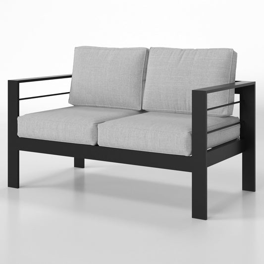 Superjoe Outdoor Patio Aluminum Loveseat Furniture, 2 Seats Sofa Couch Black Metal Chair with Cushions, Light Grey