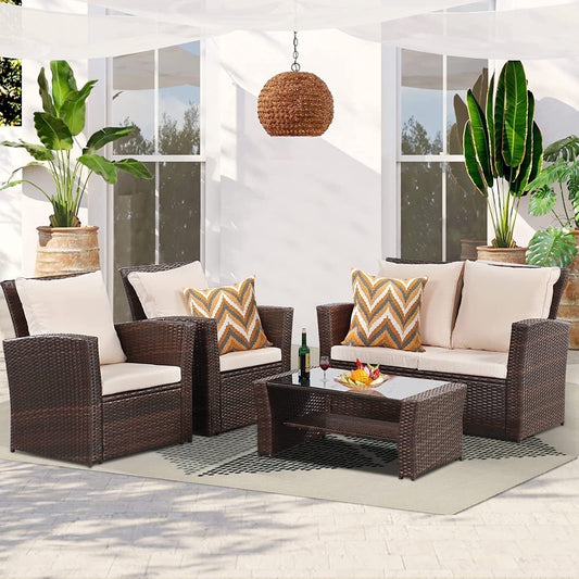 Superjoe Outdoor Patio Furniture Set 4 Pcs Garden Wicker Sectional Sofa Set with Coffee Table,Brown, Steel, 4