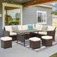 Superjoe Patio Furniture Conversation Set, 7 Piece High Curved Back All Weather Wicker Outdoor Dining Sectional Sofa with Dining Table and Chair, Blue patio conversation sets patio conversation sets patio conversation sets