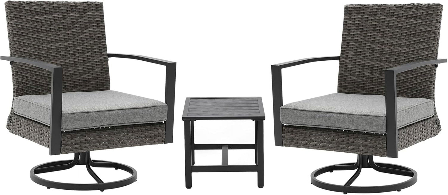 Superjoe Patio Swivel Dining Chairs with 360-Degree Rotating, All Weather Rattan Chairs with Water-Resistant Cushions & Metal Frame, Table, Modern Outdoor Rocking Chair for Porch, Bistro, Balcony, Grey