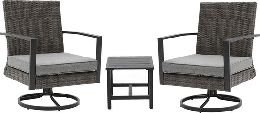 Superjoe Patio Swivel Dining Chairs with 360-Degree Rotating, All Weather Rattan Chairs with Water-Resistant Cushions & Metal Frame, Table, Modern Outdoor Rocking Chair for Porch, Bistro, Balcony, Grey