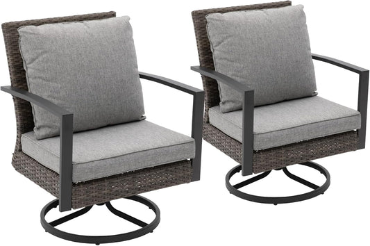 Superjoe Patio Swivel Dining Chairs with 360-Degree Rotating, All Weather Rattan Chairs with Water-Resistant Cushions & Metal Frame, Modern Outdoor Rocking Chair for Porch, Bistro, Balcony, Grey