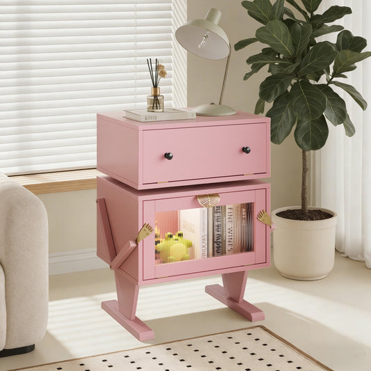 Heynemo Pink Nightstand with LED Light Strips 360¡ã Rotating Drawer, Modern End Table with Glass Door Storage, Wood Bedside Table Cabinet for Living Room, Bedroom