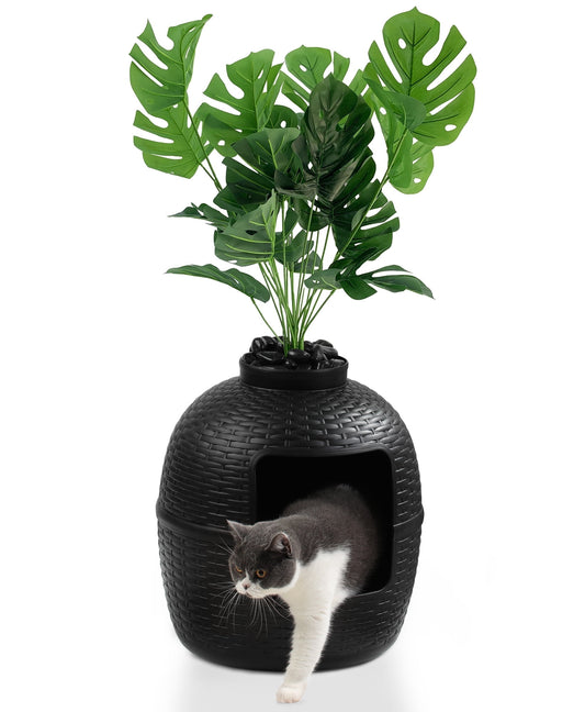 Superjoe Plant Hidden Cat Litter Box Plastic Rattan DIY Home Decor, Black