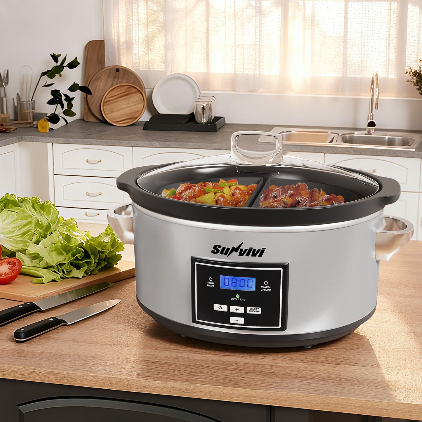 Superjoe Programmable Slow Cooker 6 Quart with 2 in 1 Silicone Liners, Multi-Cooker Food Warmer with Digital Timer, 3 Cooking Settings, Dishwasher-Safe Removable Ceramic Pot & Lid, Silver.