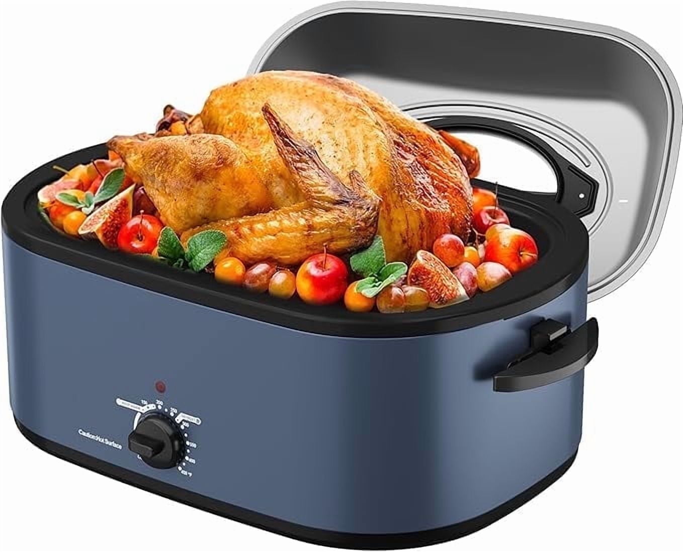 Superjoe Roaster Oven 28 Quart, Electric Roaster Oven with Visible & Self-Basting Lid, Turkey Roaster Oven with Removable Pan & Rack, Variable Temperature Control, Stainless Steel, Blue