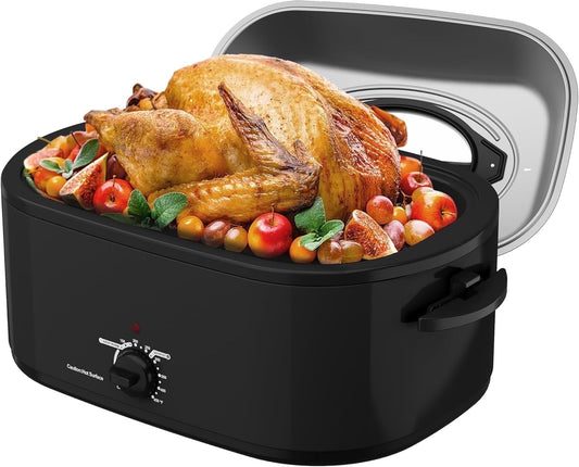 Superjoe Roaster Oven 28 Quart, Electric Roaster Oven with Visible & Self-Basting Lid, Turkey Roaster Oven with Removable Pan & Rack, Variable Temperature Control, Stainless Steel, Black