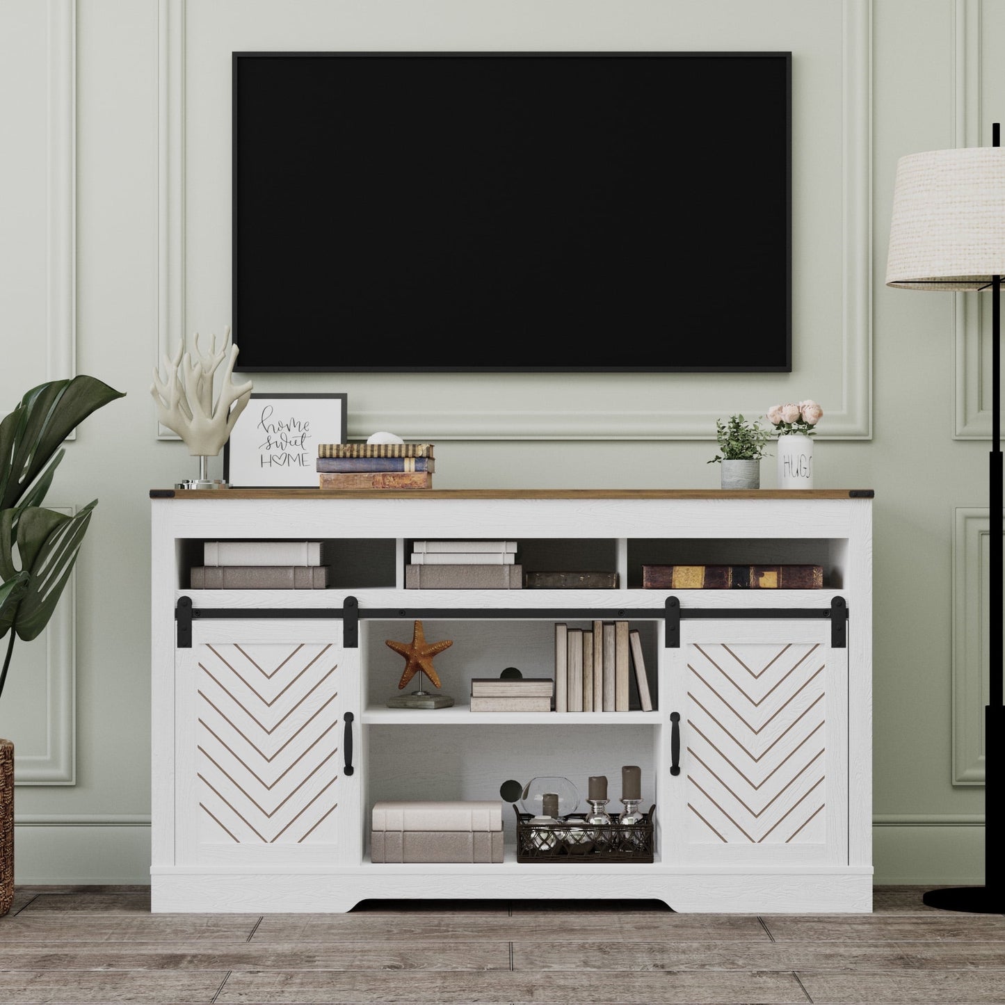 Heynemo TV Stand for TVs up to 70", 34" Tall Entertainment Center w/Sliding Doors, Modern Wood Media Console Storage Cabinet for Living Room Bedroom, Wood-Tone and White
