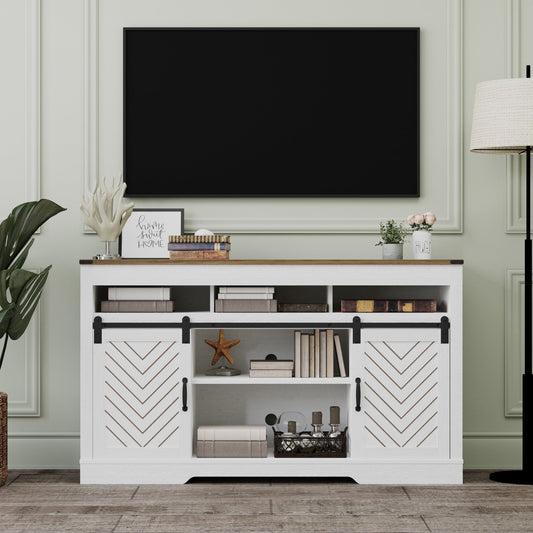 Heynemo TV Stand for TVs up to 70", 34" Tall Entertainment Center w/Sliding Doors, Modern Wood Media Console Storage Cabinet for Living Room Bedroom, Wood-Tone and White