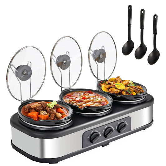 Superjoe Triple Slow Cooker 3x1.5 Quart Electric Food Warmer Pot Buffet Server, Adjustable Temp Removable Ceramic Pots Lid Rests
