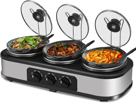 Superjoe Triple Slow Cooker, 3x1.5 Quart Electric Slow Cooker Buffet Server, Food Warmer Cooking Pot, Adjustable Temp Removable Ceramic Pots Lid Rests