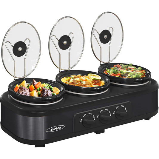 Superjoe Triple Slow Cooker Buffet Servers and Warmer,3 Pot Food Small Mini Manual Slow Cooker with Adjustable Temp Stainless Steel Lid Rests,Removable Ceramic Pot,4.5 QT Black