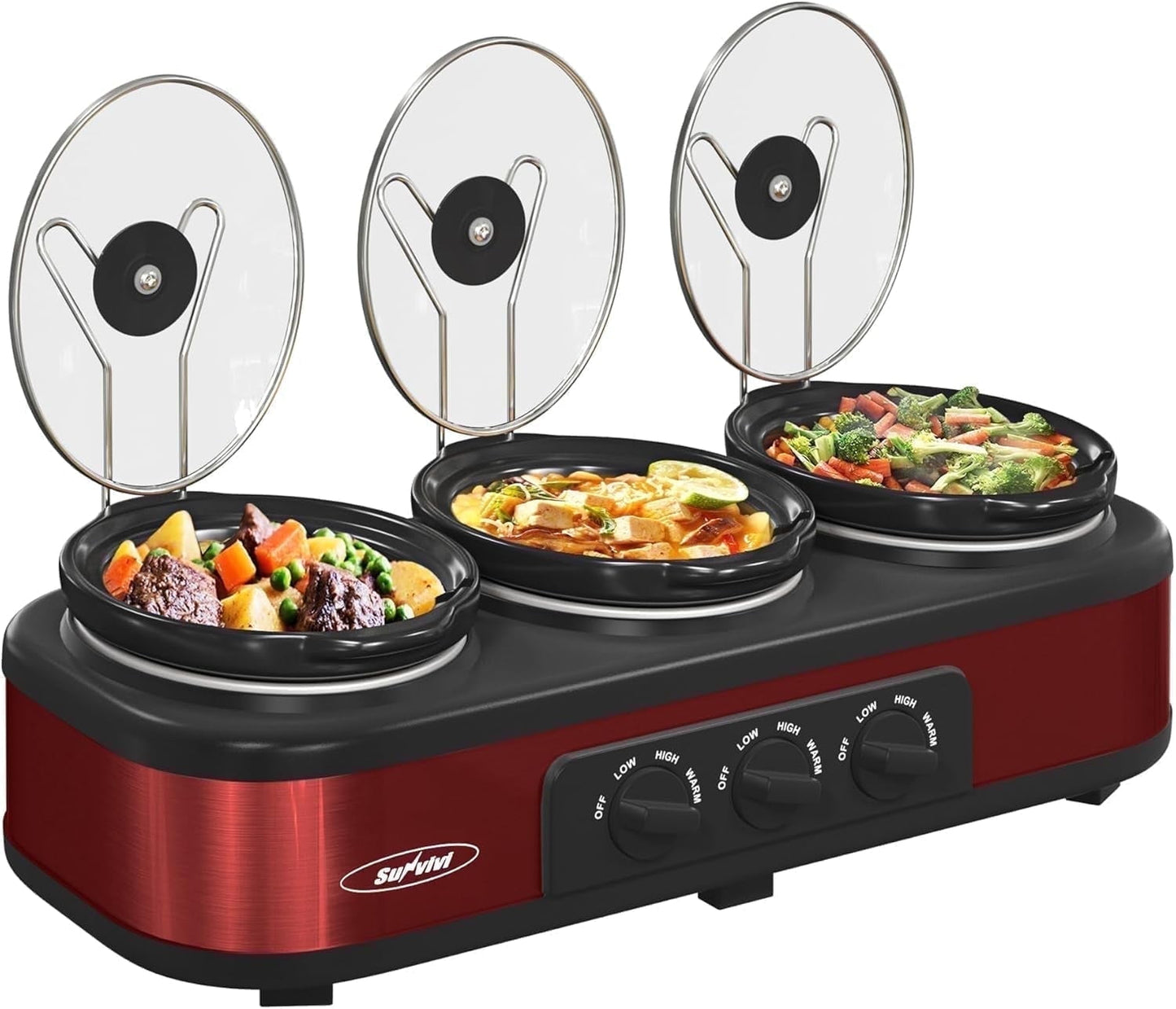 Superjoe Triple Slow Cooker Buffet Servers and Warmer,3 Pot Food Small Mini Manual Slow Cooker with Adjustable Temp Stainless Steel Lid Rests,Removable Ceramic Pot,4.5 QT