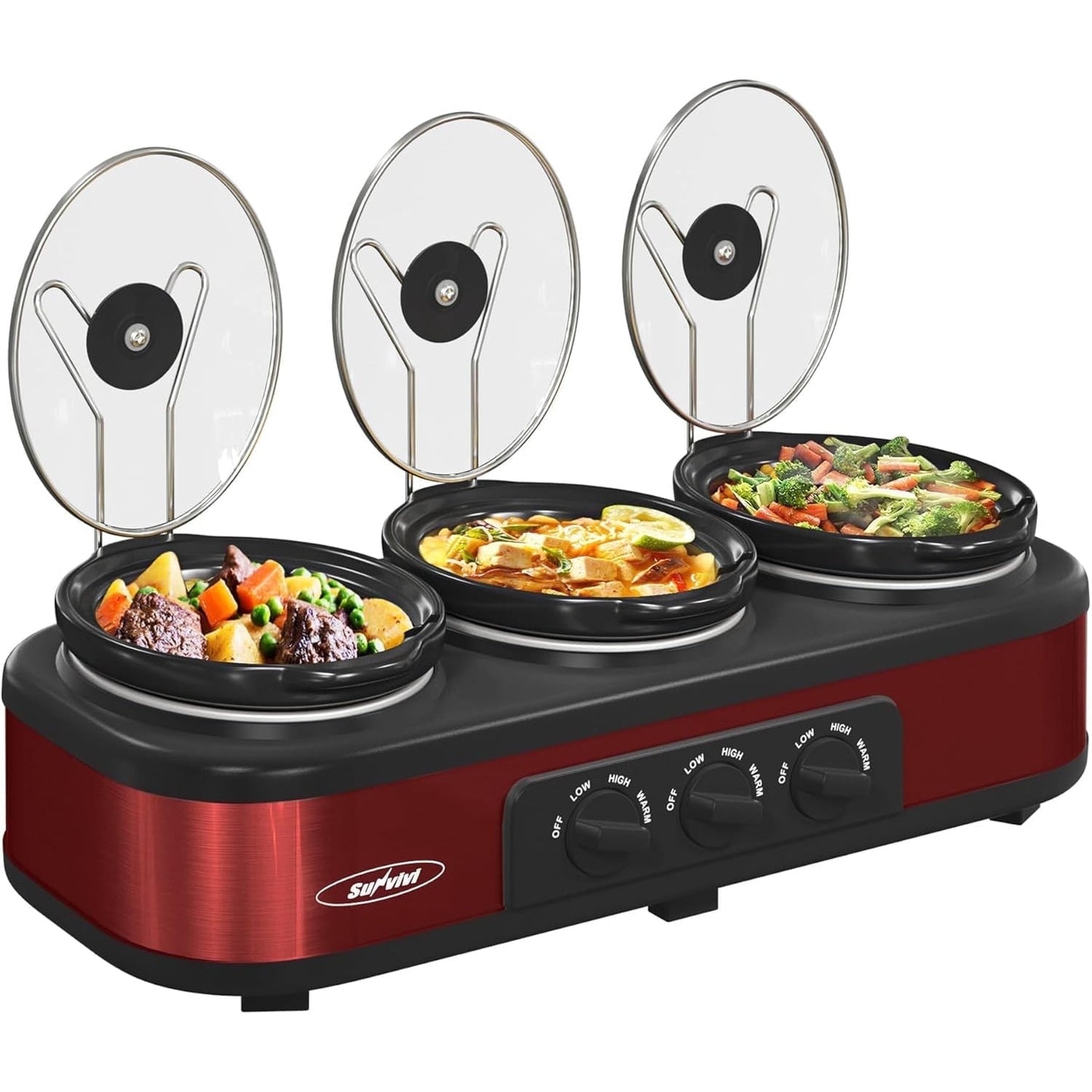 Superjoe Triple Slow Cooker Buffet Servers and Warmer,3 Pot Food Small Mini Manual Slow Cooker with Adjustable Temp Stainless Steel Lid Rests,Removable Ceramic Pot,4.5 QT Red