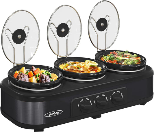 Superjoe Triple Slow Cooker Buffet Servers and Warmer,3 Pot Food Small Mini Manual Slow Cooker with Adjustable Temp Stainless Steel Lid Rests,Removable Ceramic Pot,4.5 QT
