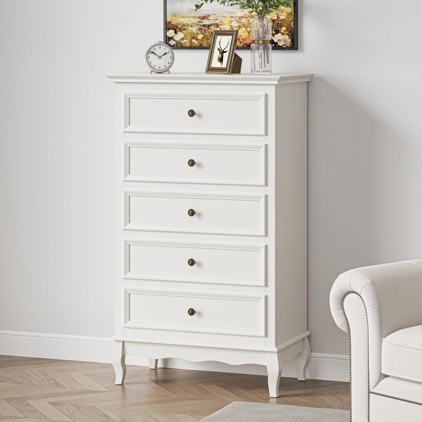 Superjoe White Dresser for Bedroom, Modern 5 Drawer Dresser, Wood Rustic Tall Chset of Drawers, Storage Dressers Organizer for Bedroom,Hallway