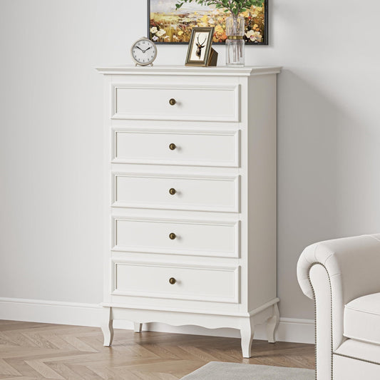 Superjoe White Dresser for Bedroom, Modern 5 Drawer Dresser, Wood Rustic Tall Chset of Drawers, Storage Dressers Organizer for Bedroom,Hallway