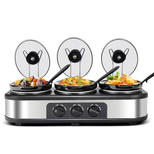 Superjoe r 3x1.5 Quart 3 Basins Removable Ceramic Pots Food Warmer Stainless Steel Triple Slow Cooker Buffet Serve