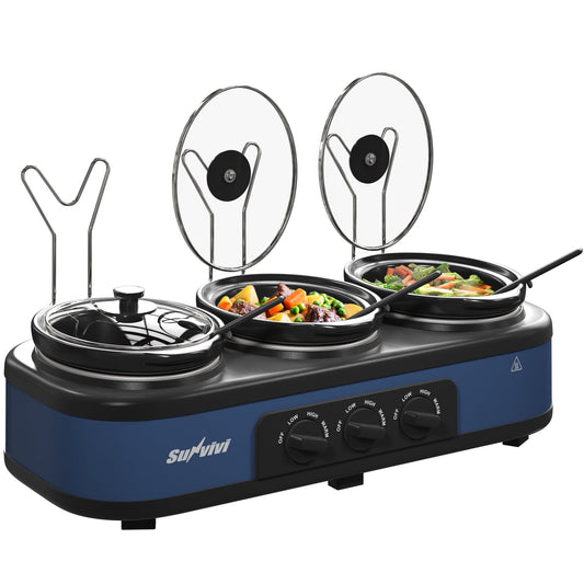 Sunvivi Triple Slow Cooker Buffet Server with Removable Ceramic Pots, 3 x 1.5 Qt, Blue