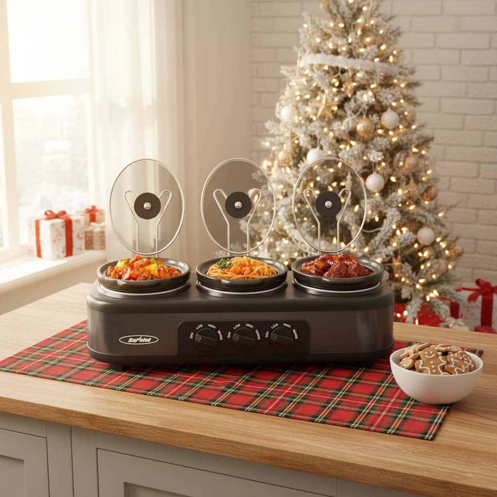 Triple Slow Cooker with 3 Spoons, 3 Pot 1.5 Quart Oval Crock Food Warmer Buffet Server, Stainless Steel-2